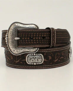 M & F Western Men's Tooled Basketweave Contrast Stitch Western Belt